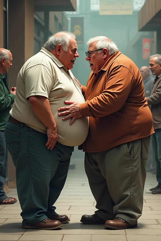 Create an image of a fat man having sex with a 120-year-old man and in the background Minecraft players in a tournament while the world is ending