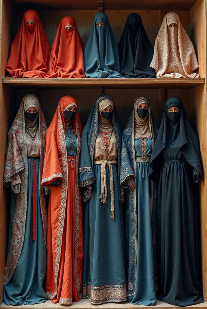Six masked Arab slave girls were tied to the podium,binding,enslavement,Gaggage,bound waist,Blindfolded,handcuff,anklet,For people to choose,Masked woman in background opens wooden box,Drag out the bundled one,Slave girl trapped in a wooden box,A row of veils and masks on a luxury booth,Beautiful women wearing only underwear wear wear gorgeous burqas,There are female guests wearing veils,The masked female boss introduced on the side,All masked,In coastal cities,Modern luxury Arabian slave market,Slave girls monopolized the market,Luxury carpets,tapestry,Arabian luxury décor,Many Arab masked beauties,All Arab Beauty employees,All-Arab female guests, Cinematic texture