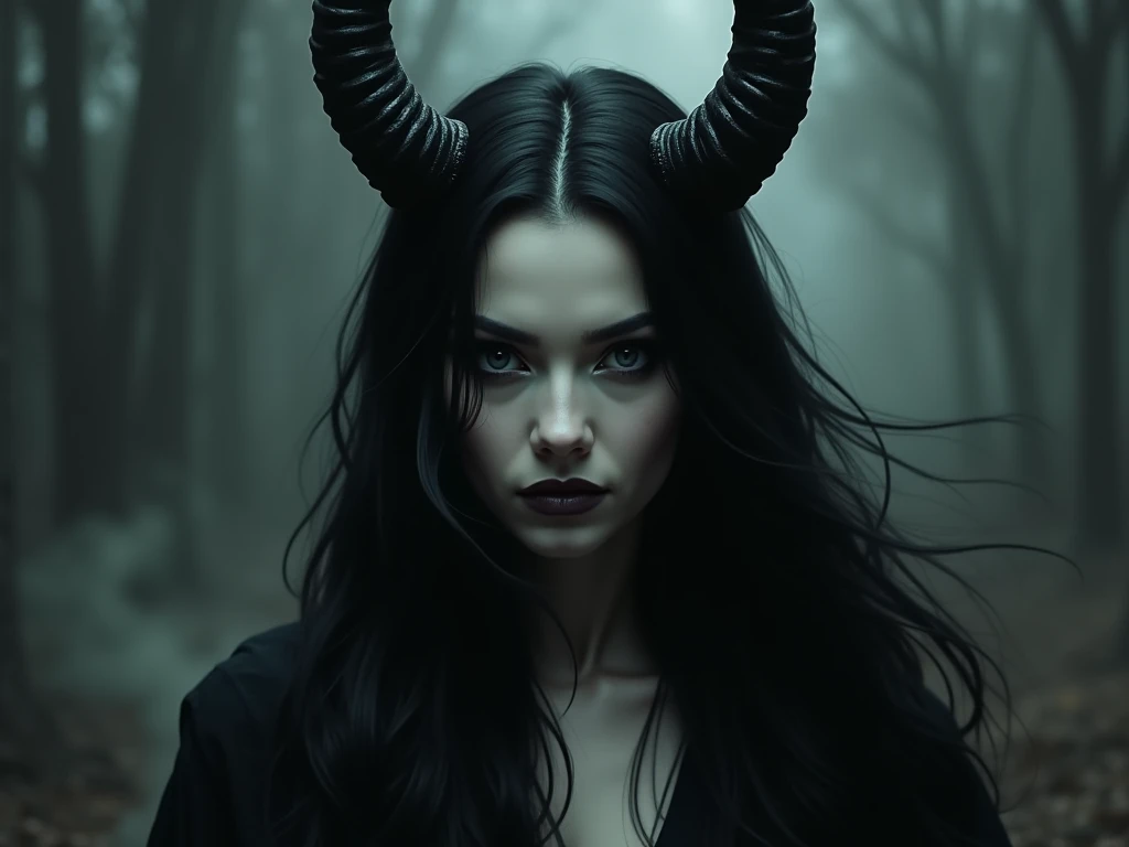 a painting of a holy succubus with horns, chiasmus, gloves, gothic dress, vampire the masquerade bloodlines, incredible art, gloomy background, nimbus, church ragged vestments, darksketch, close-up even more with a seductive stare, deep stare with hypnosis look.