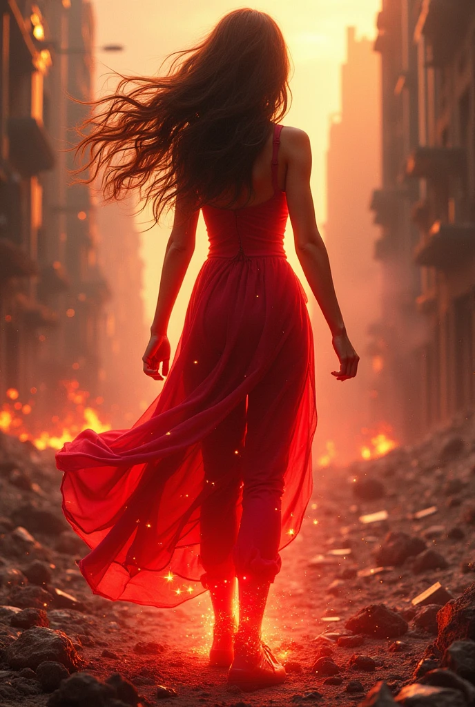 bonita, hermosa, and cruel sexy evil fallen angel woman with huge wings, con un vestido semitransparente rojo en movimiento, Falling into the streets of the apocalyptic city into fiery hell, mirando a la camara y moviendose con gracia