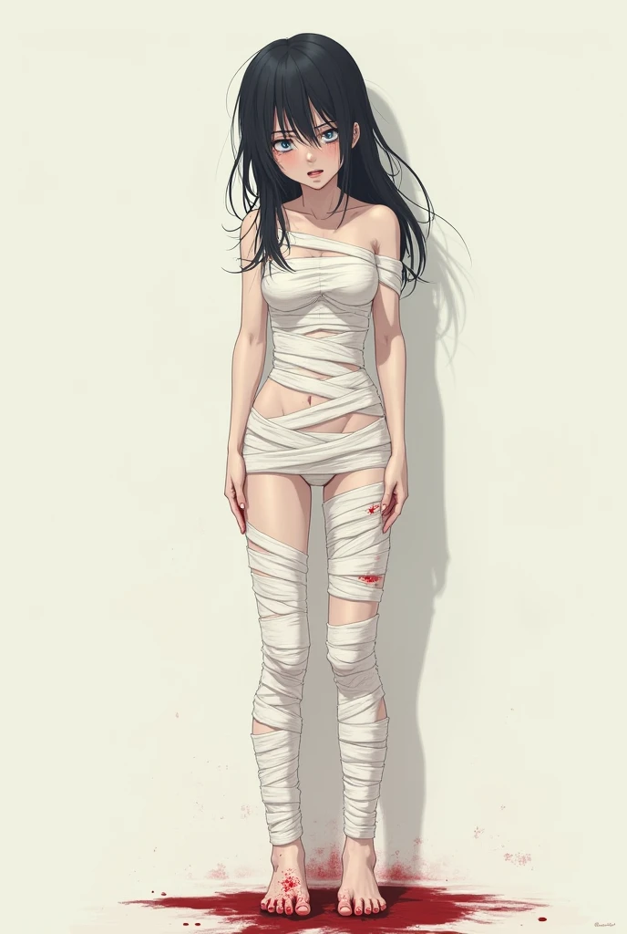 wraps around entire body, male, skinny boy, male, femboy, feminine male, effeminate, bulge, big bulge, mummy, one eye exposed, full body, full_body, simple background, standing, bandages around entire body, arm wraps, leg wraps, body wraps, face wraps, wrapped completely in bandages, solo, hair over one eye