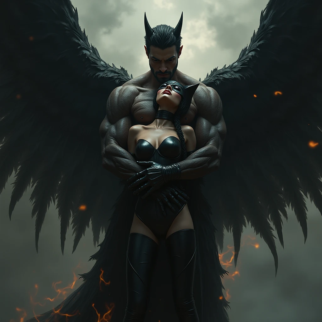 A white angel handsome male with large wings with gentle abs, A black demon female cute big-breasted demon with small wings, Height difference, background in hell lava, Dynamic perspective, High definition, 8K, --auto