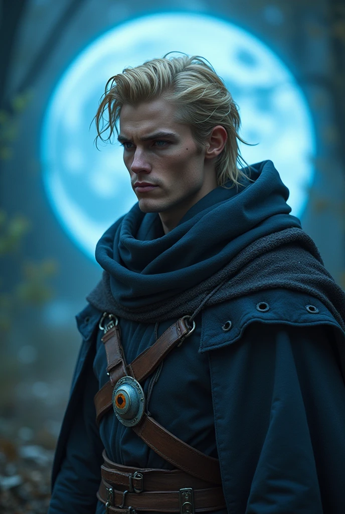 Create an image of a 3 male rogue named Cal Monty. He has olive-toned skin, hinting at his noble lineage, and striking blue eyes that convey intelligence and determination. His hair is a striking blonde, styled in a way that reflects both his noble background and streetwise lifestyle—perhaps slicked back or tied loosely. A long scar runs down one side of his face, a reminder of the violent coup that overthrew his family. Cal is dressed in a mix of fine, yet practical clothing, combining elements of nobility with the rough-and-tumble attire of a street rogue. He wears a tailored dark cloak over a set of leather armour, and his sharp eyes reflect intelligence and determination. The background might show a shadowy alley or a dimly lit room, hinting at his life of intrigue and deception.