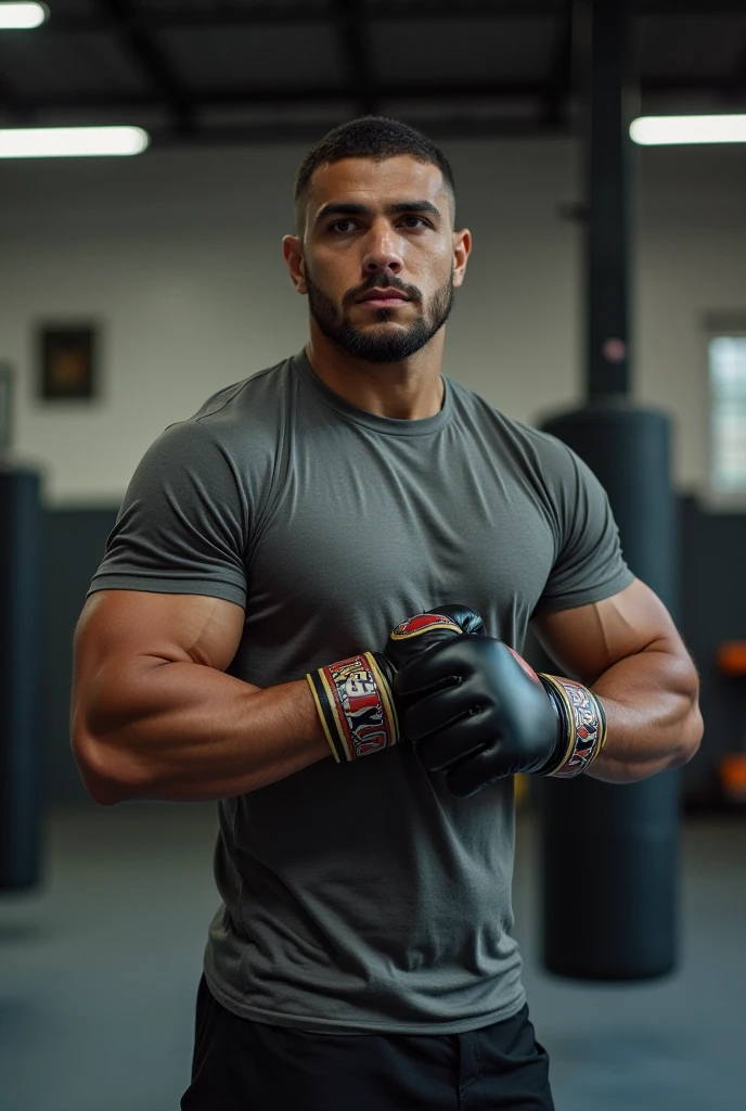White background. a realistic, super proud 3D smiley. he crosses his arms and wears MMA gloves