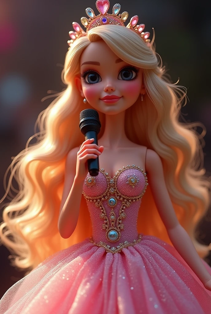 girls blonde children WITH STRAIGHT HAIR,RED BACKGROUND, (best quality, masterpiece), 1girl, idol, singing, happy, backlighting, long hair, stage, looking at the viewer,