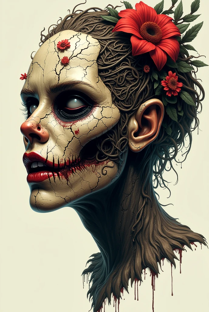 A charcoal sketch of a female zombie, her features delicately rendered, yet twisted with decay. A single rose flower blooms from a crack in her skull, its vibrant petals contrasting with the pale hues of her flesh.