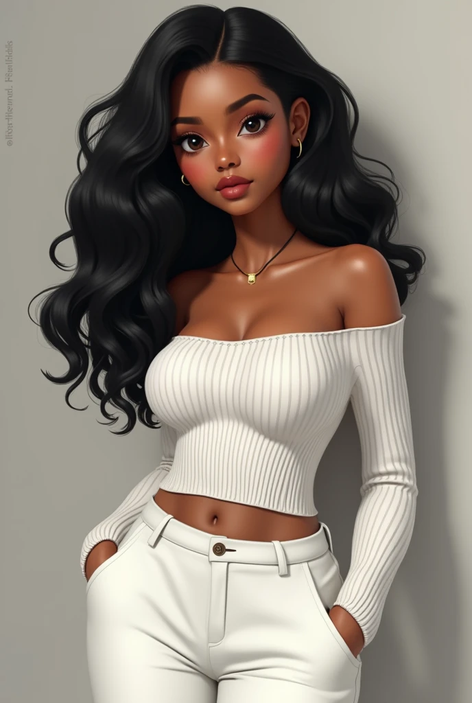 ((Artwork, 8K, Realistic Lighting)), 1 sexy Latina woman, black skin, long curly black hair with blonde highlights, flower in hair, sensual, closed look, blue iris, big nose, medium lips, wearing gold earrings, white off-the-shoulder long-sleeved shirt, wearing black wide-leg pants with chains, wearing black shoes.