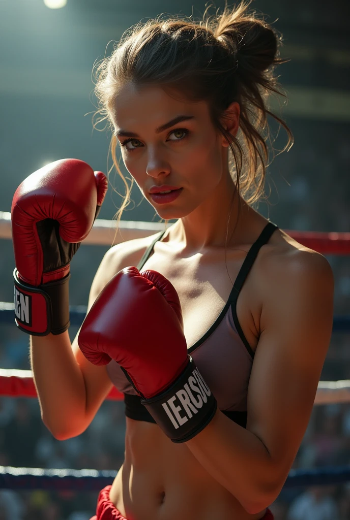 boxing instagram fitness girl, masterpiece, gorgeous face, thicc, short wavy shoulder length hair, (((boxing gloves draped around shoulders))), in a boxing ring, sweaty, thick thighs, linework tattoos on arms, high quality face, ultra high-quality 8k photo, igbaddie, studio lighting soft shadows, ultra realistic shadows, (realistic, photorealistic:1.37), ultra detailed, natural lighting, photon mapping, radiused, physics based rendering, full body photo, beautiful light makeup, detailed eyes and face, 20 year old girl, beautiful, casual hair, light makeup, standing full body photo, epiC35mm, 