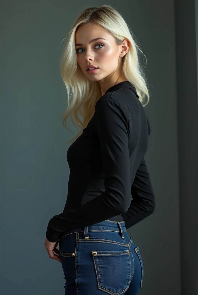 (best quality), 1girl, female, porcelain skin, blonde hair, straight hair, bangs, medium hair, swoopy tips, brown eyes, perfect eyes, black turtleneck, jeans, skinny body, , small bust, shy, masterpiece, anatomically correct, highres
