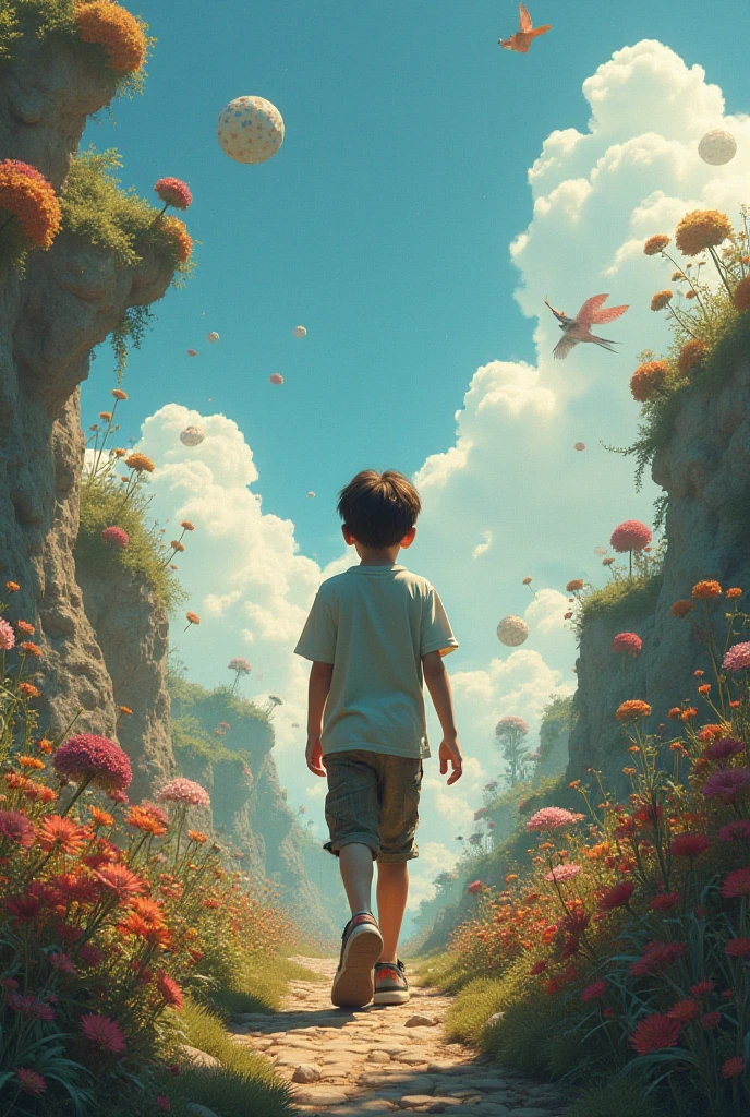  boy with light blue shirt, shorts and boots watching the clouds, Flowers and trees in a forest forming patterns





 




