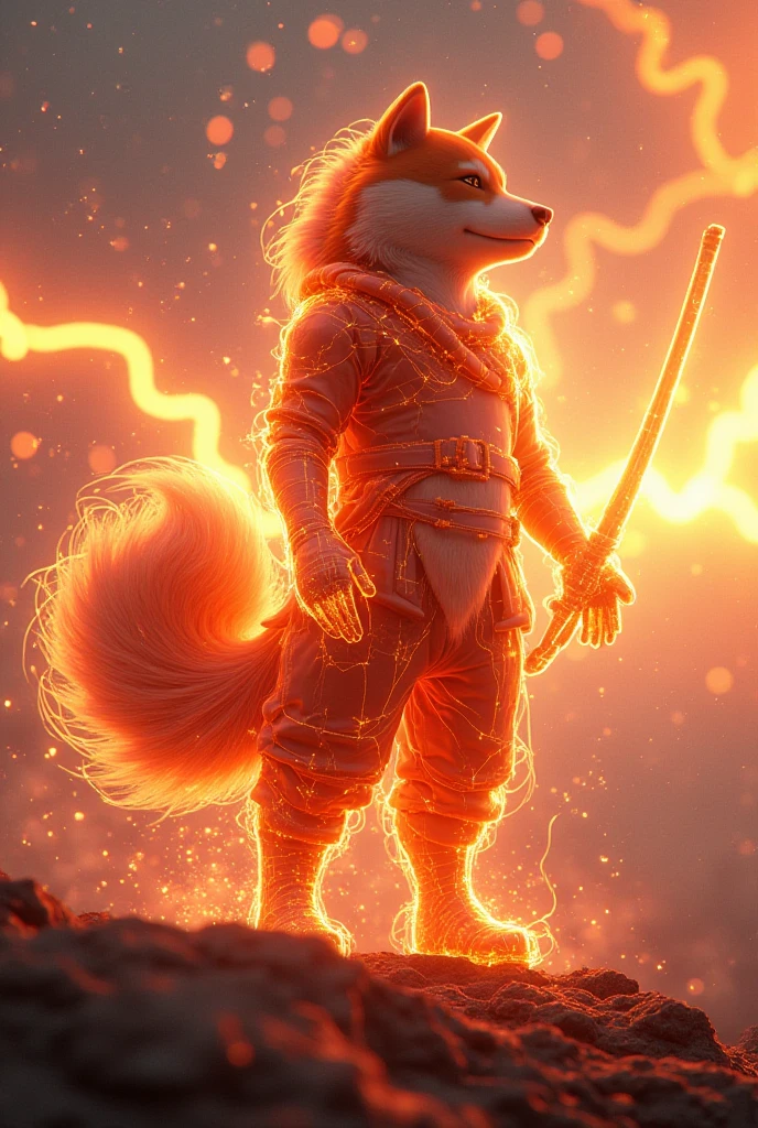 Create a photo of (((battle-hardened Naruto))) in a (((bright yellow))) ((Iron Man themed suit)) (((with black stripes))) (((engulfed in yellow flames))) with (((bright glowing eyes))) with ((((Kurama Nine Tails behind him)))) and ((Kyubi theme)). The yellow color scheme should be aged, with subtle variations in color that add depth and texture to the armor. The warrior should have a rugged and weathered appearance, with scars and other imperfections on their face and hands. The flames should be realistically rendered, with a mix of pink, purple, and white hues that flicker and dance in the air. The flames should also cast light and shadows onto the surrounding environment, adding to the realism of the scene. The environment should be dark and moody, with subtle hints of light that highlight the warrior and their sword. The setting could be a dimly lit dungeon, a misty forest, or a ruined fortress. The lighting should be carefully crafted to create a sense of depth and atmosphere, with realistic shadows and reflections. For the camera setup, use a high-end digital camera like a PhaseOne XF IQ4 with a 80mm lens and a sturdy tripod. Set the camera to ISO 200, f/4.5, and a shutter speed of 1/125. Use a combination of natural and artificial lighting to create a realistic and dramatic effect, with carefully placed light sources that mimic the environment. Use post-processing techniques to enhance the details and textures of the armor and sword, while maintaining a natural and authentic look. The final image should be rendered at the highest possible resolution, with a high level of rendering quality and minimal chaos. The end result should be a photo that looks like it was taken in a real-world setting.