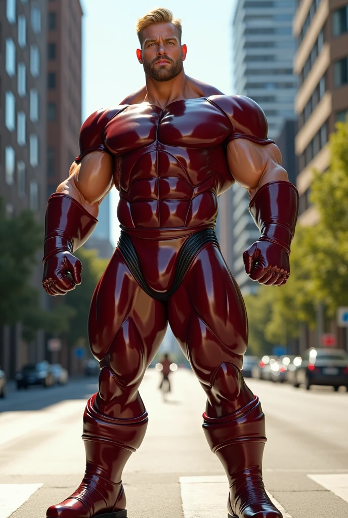 arafed man in a red and black wet suit standing in a street, huge glistening muscles, rubberhose style, superhero body, exaggerated muscle physique, rubbery-looking body, rubbery - looking body, rubber suit, muscular male hero, hard rubber chest, bulging muscles, exaggerated muscles, sci - fi armour! muscular
