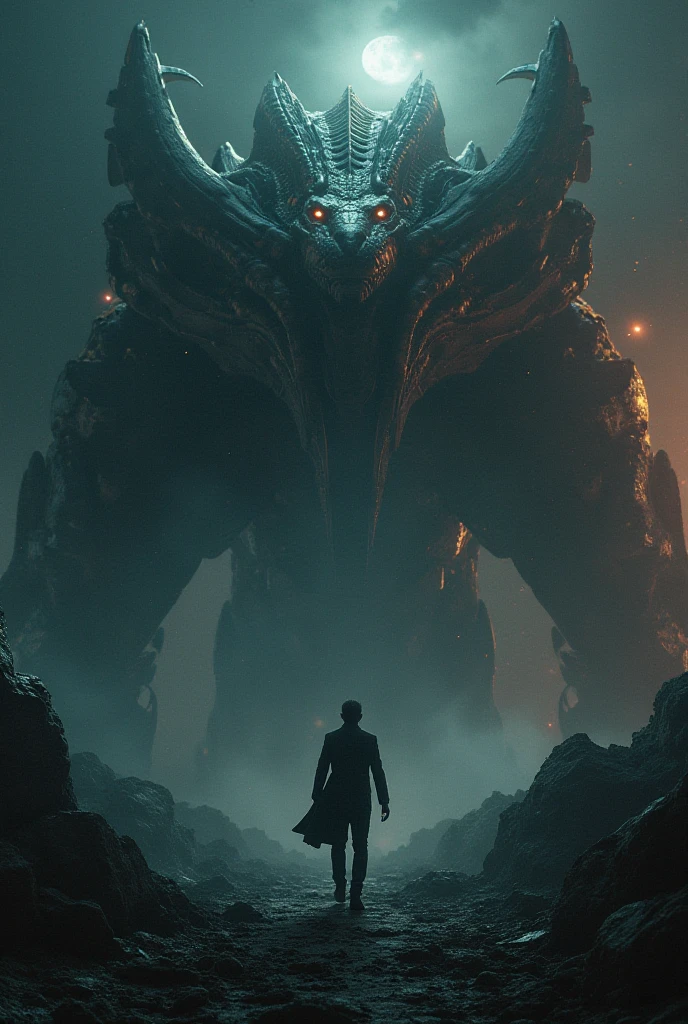 An alien creature from a galaxy far, far away,Demonstrates impressive supernatural abilities,This entity is shrouded in an aura of mystery and power.,Radiating dazzling energy and distinctly non-human features。Its sharp eyes look down upon the earth,Absorb the complexity of human culture and life。This scene is set against the backdrop of a vast, dark universe and mysterious alien structures.,The dark background further highlights the strangeness and huge size of the alien creatures.,The tiny earth is illuminated,Showing its beauty and diversity,This alien is unlike any life form on Earth,Standing in front of a large Zerg-style spaceship,This spaceship is StarCraft style,Alien beauty,The edges are uneven,Unique structure,As if there is life