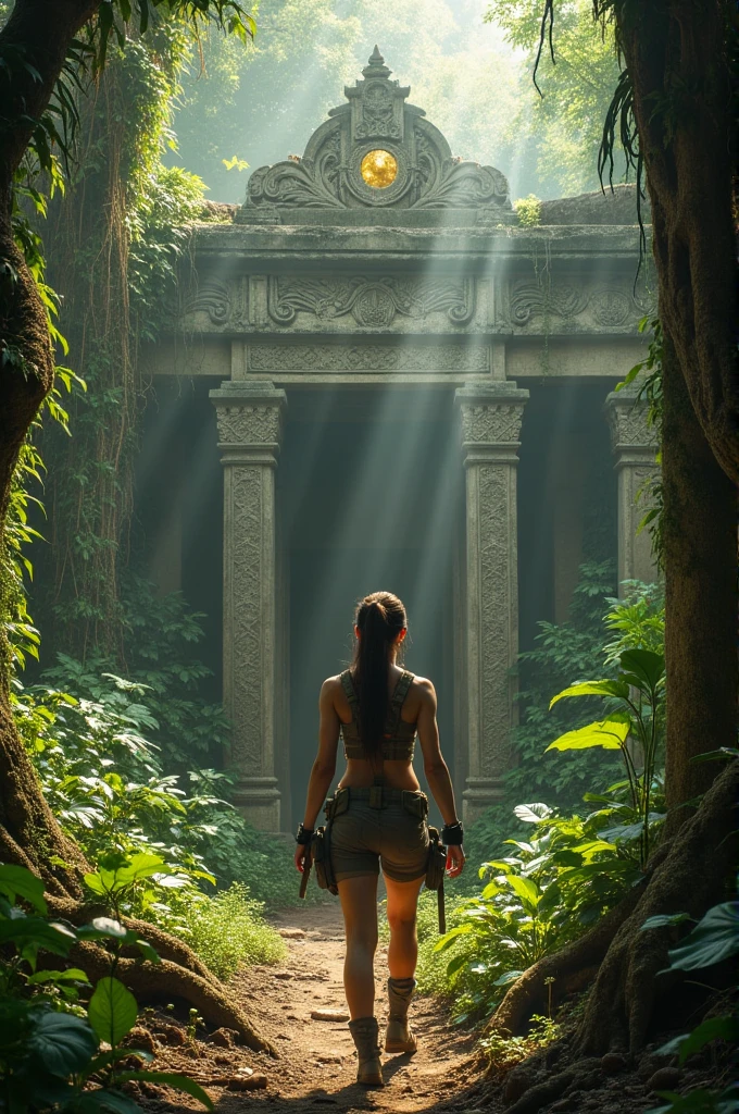 Lara and Max discovered the secret entrance to the temple. Max walks and lights up with a torch.