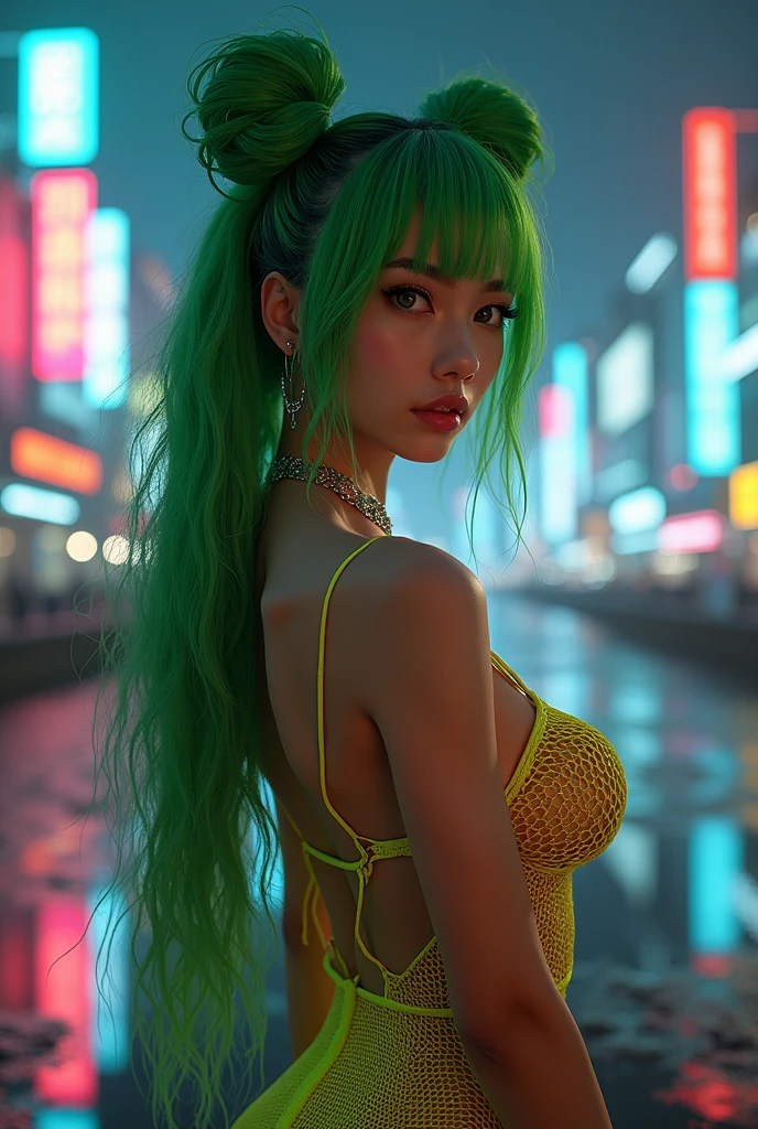 Chica YouTuber,(((1 girl))),((extremely beautiful and beautiful green curly-haired girl)), (short breasts:1.4),big butt,(((green curly hair:1.35,very curly hair,colored inner hair,ear breathing,short hair))),(((green_eyes:1.3))),intricate eyes,Beautiful detailed eyes,symmetrical eyes,large eyes:1.3,((gordo)),(((shiny skin:1.5,shiny skin: 1.5,tanned skin,shiny skin,very shiny skin,shiny body,plastic glitter skin,exaggerated shiny skin,illuminated skin,wet legs))),detailed body,(detailed face), beautiful,horny,seductive,erotic,(((NSFW))), The Great Passage,Revealing clothing,show skin,((rave mini skirt,Visible thong straps,Anime Art Print Sleeveless Loose White T-shirt)),((wet clothes,intricate costume,intricate clothing)), (dynamic pose:1.0),ashamed,(centered,Scale to fit dimensions,rule of thirds), cyberpunk city by the ocean at night, with bright neon signs and dark stormy clouds and puddles, scenery:1.25, Artistic photography,(Photograph taken by SLDR),high resolution, sharp focus, (ultra detailed, extremely detailed), (photorealistic artwork:1.37),(extremely detailed CG unity 8k wallpaper),((synth wave background theme)),(((vibrant colors))),(intricate background),(Masterpiece),(Best Quality),