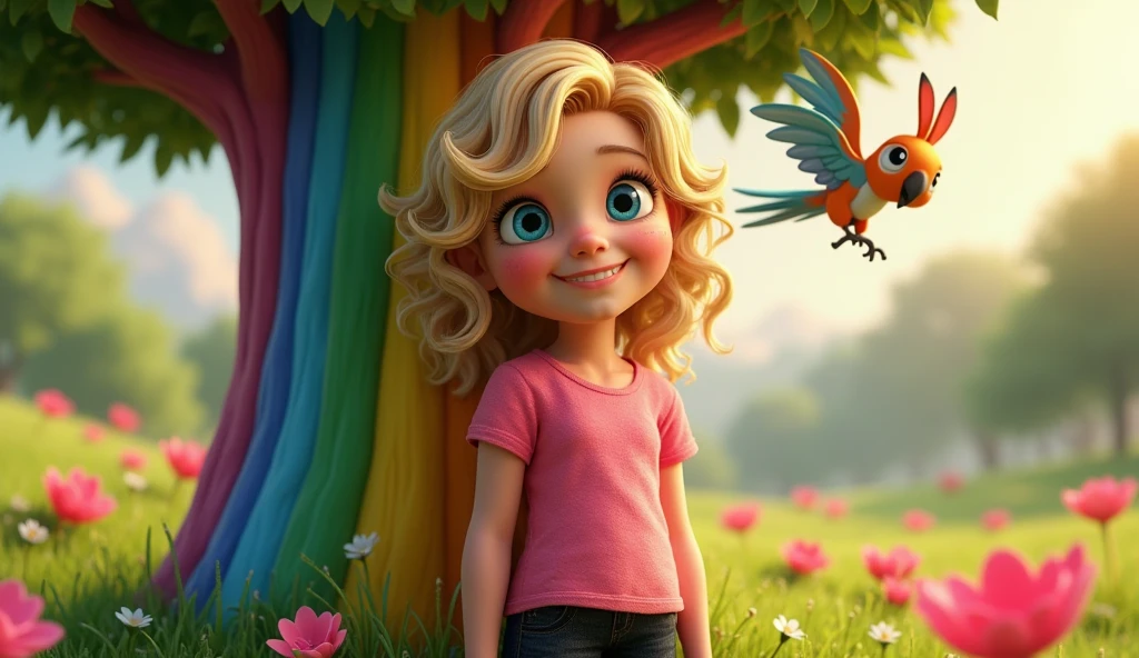 [Lili],[14], [wavy blonde hair and blue eyes], [Almost smiling expression], [pink shirt, and black pants], [rainbow tree, where the parrot knew everything],[pipo rabbit and parrot on top of the tree], [nature], [3d Pixar]
