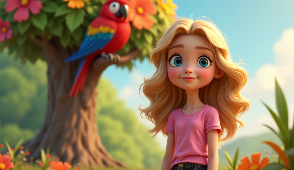[Lili],[, [wavy blonde hair and blue eyes], [Almost smiling expression], [pink shirt, and black pants], [rainbow tree, where the parrot knew everything],[pipo rabbit and parrot on top of the tree], [nature], [3d Pixar]