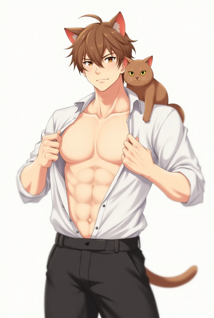 Full body, skinny korean guy only wearing  underwear  with a little muscel in a idol cat in his shoulder in anime style