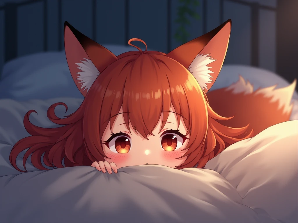 high detail, (photorealistic), realistic, masterpiece, best quality, ((portrait of Senko-san's face The helpful fox )), Senko-sancroptop, detailed face, detailed eyes, (hair flower), (hair ornament), (orange eyes), (orange hair), (short hair), tail, flat chest, sleepwear, miko, sleepy face, cute (night), [pentagram], [lying in bed], [sleeping with the viewer], [from under the blanket],  [sleeping clinging], [Big tail], (Serene night) (Rolled into the blanket) viewer's view: on the blanket