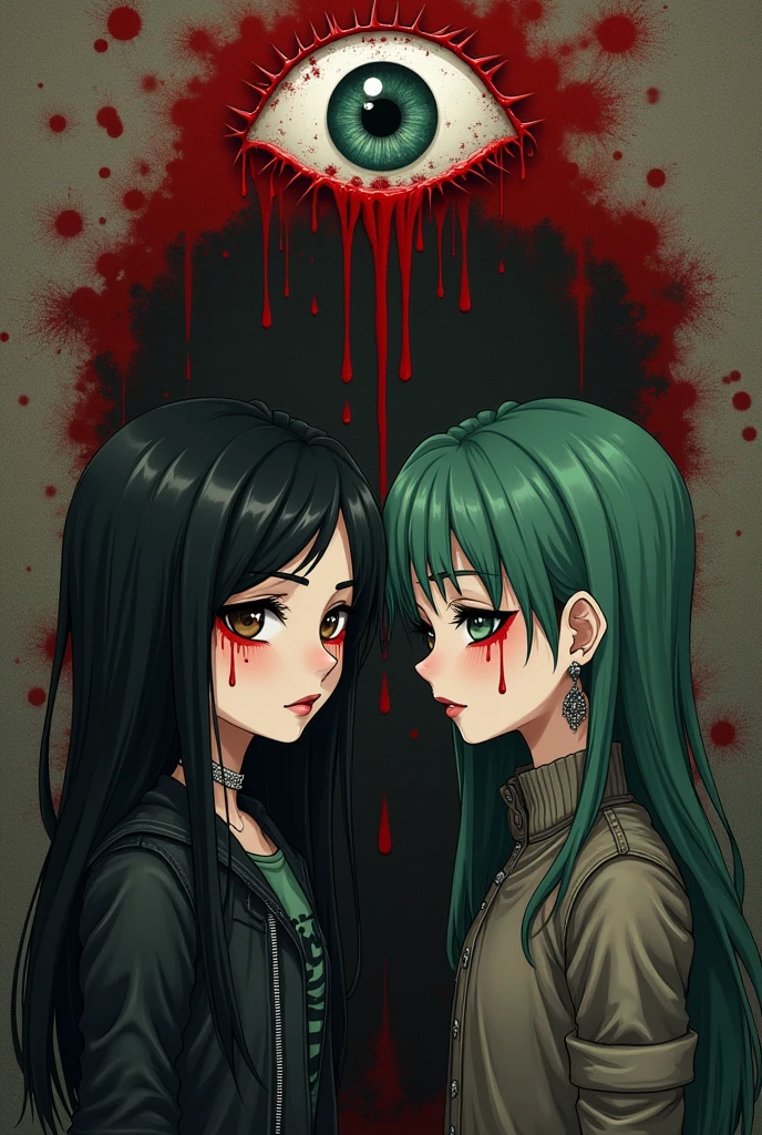 The anime funk horror album cover has blood on the face and one neon green eye like the devil and the other black eye with neon green tints.