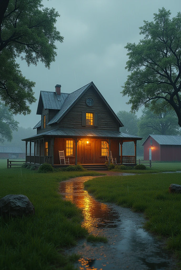 A farm with a porch house raining down - SeaArt AI