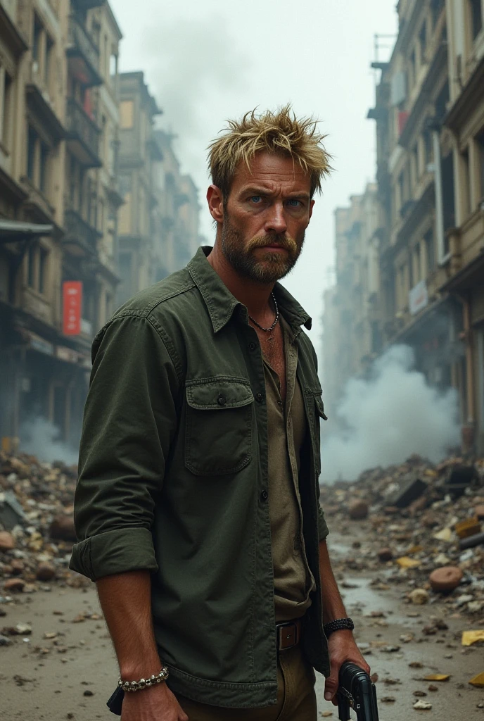 (post apocalyptic man) ,wearing post apocalyptic clothes ,(destroyed city after nuclear blast),warzone, (post apocalyptic), looking down a hill, spicked necklance, holding a gun, sitting on a dieselpunk car
BREAK
(masterpiece, best quality, ultra realistic, 4k, 2k, (intricate, high detail:1.2), film photography, soft focus,
RAW photo, photorealistic, analog style, subsurface scattering, photorealism, absurd res), ((closeup))