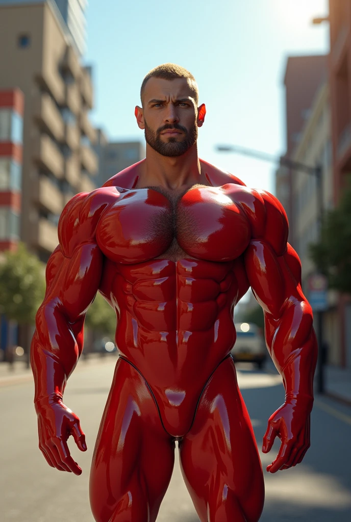(masutepiece, Best Quality:1.2), Cowboy Shot, Solo, Male Focus, 1boy, Omniman, deadpan, Closed mouth, Looking at Viewer, thirn clothes (( bodysuit))、muscular guy, burly, hunk, Hot, big shoulders, musculature、(big chest)、 (hyperdetailed face)、nicebulge
