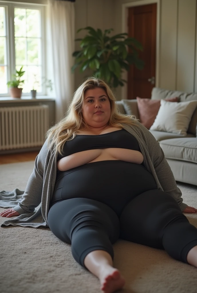 Very fat and motionless female student, lying on the sofa with a giant and massive body, a very big second chin, wearing an orange T-shirt and gray jeans.