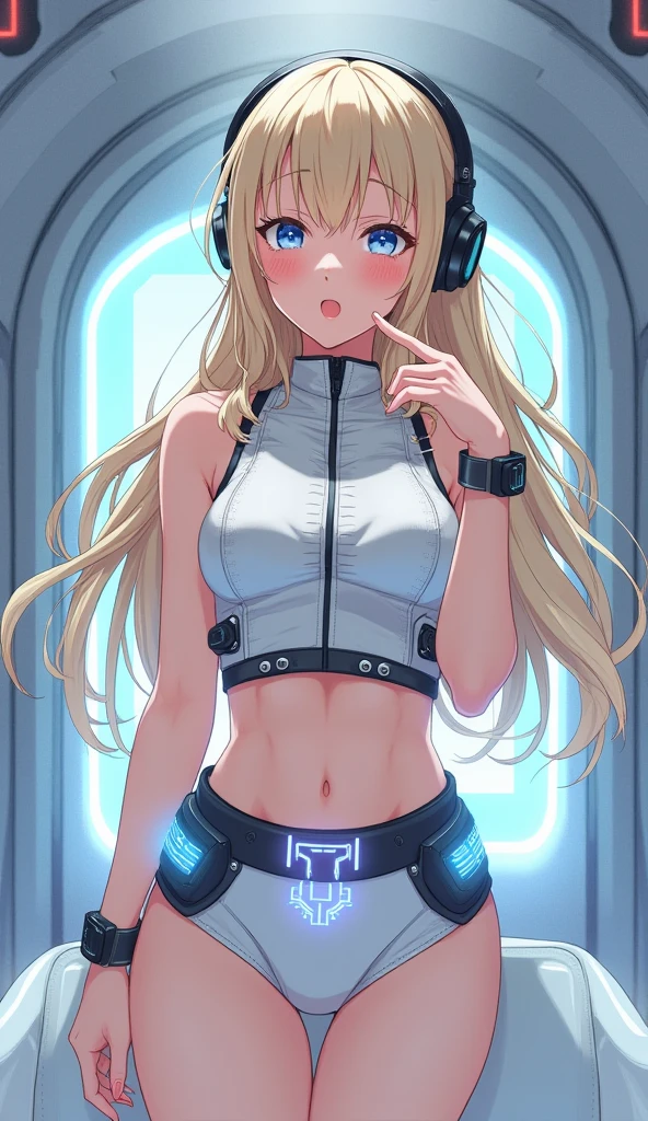 A woman dressed in black and white stands on a space station、top-quality,Top image quality,in 8k,4K,masterpiece,Ultra-detailliert,beautiful,Ultra-quality, best quality,expensive solve, Ultra-detailed,game CG,dutch angle,(Acrobatic pose):5,Jumping:5,(inside spacestation,)beautiful detailed eye,five refer to,headphone,Browsing Caution,a beauty girl,(Astro Best):5,(Tracking unishapes),Wet,(vapor:1.5),Running shape,Open Open mouth,(Blonde Hair),(Long Hair):2,belly button,space_station_interior, exercise_room, Futuristic, expensive_technology, zero_gravity_exercise_Device, expensive_solve_landscape, Sophisticated_design, Minimal, 8k_solve, game_CG_style, Dutch_angle, detailed_character, Tracking_unishape, perfection_running_shape, intense_Performance, detailed_eye, Decide, vapor:1.5, beauty, strength, five_refer to, appear_belly button, Open_mouth, Ultra_quality, expensive_solve, Ultra_detailed,Astro Best
