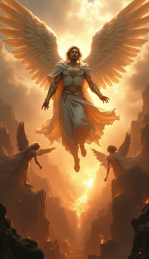 Lucifer before the fall, radiant and beautiful with his angel allies, in a battle in heaven against the angels of God, an intense battle, a war between the angels