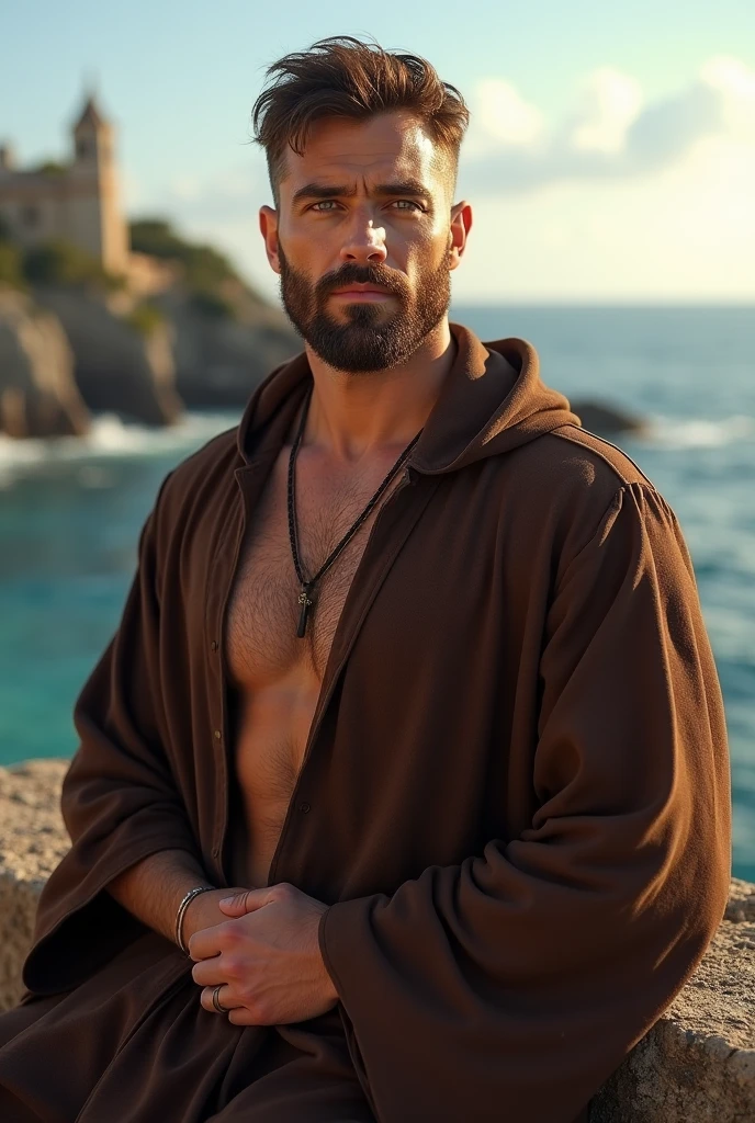 epic realistic, (dark shot:1.4), 80mm, Create a photo of a handsome and muscular man with dark hair. He is sitting on the beach next to the ocean. He gazing at the viewer with a slight tilt of his head. He has his arms crossed. The background features a sky of blue, ocean, with a beautiful white light shining through and a gradient shadow on the top part of the man’s face. Use a backlighting effect to add depth to the image. impressionistic painting style, john singer sarget, anders zorn, blue pallette, wider show with more background and forest, (natural skin texture, hyperrealism, soft light, sharp:1.2), soft light, sharp, exposure blend, medium shot, bokeh, (hdr:1.4), high contrast, (cinematic, teal and orange:0.85), (muted colors, dim colors, soothing tones:1.3), low saturation, (hyperdetailed:1.2), (noir:0.4), (intricate details:1.12), hdr, (intricate details, hyperdetailed:1.15), faded, (neutral colors:1.2), art, (hdr:1.5), (muted colors:1.1), (pastel:0.2), hyperdetailed, (artstation:1.4), warm lights, dramatic light, (intricate details:1.2), vignette, complex background, rutkowski, nsfw