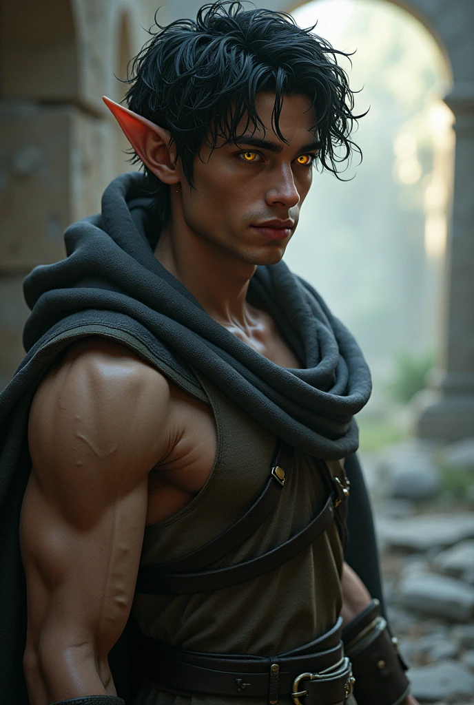 he's an elf, brown skinned, is blind in his left eye, medium and dark hair. Has a grimoire, age 28, 1,95 tall, It's very calm