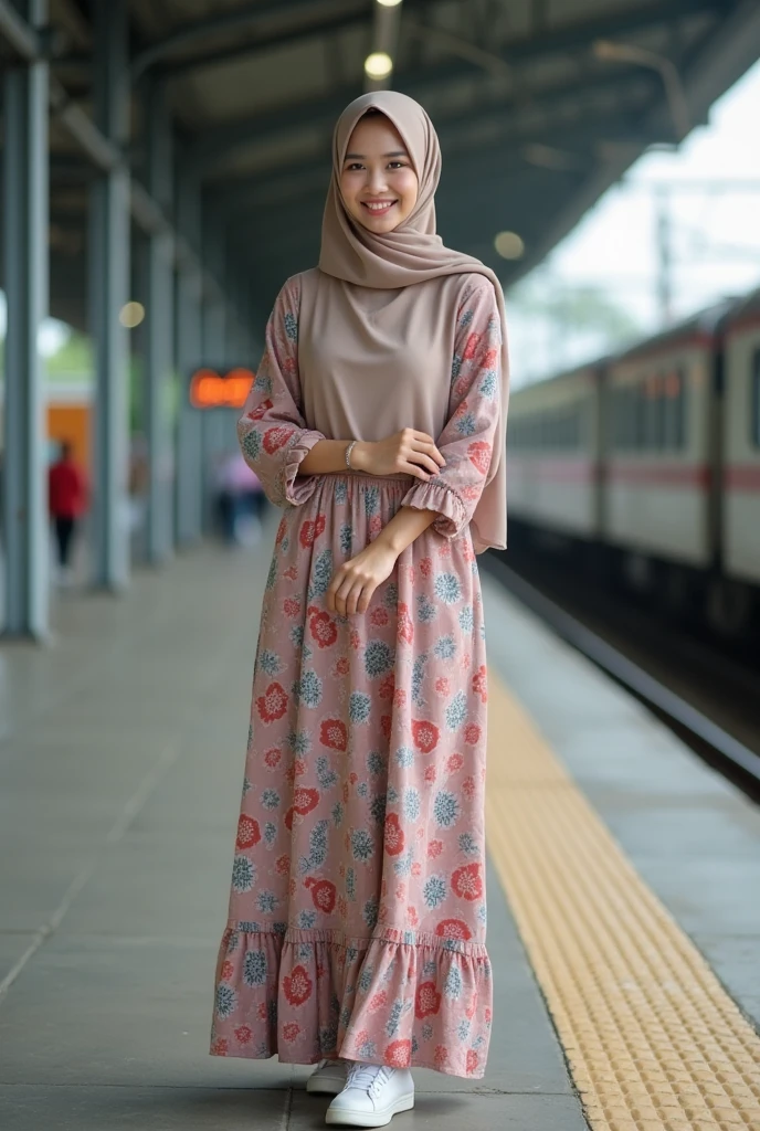 An image of a beautiful asian malaysian hijab girl, with a spectacle, wearing a beautiful floral dress and a floral skirt, holding a shoulder bag in her shoulder, and wearing a pair of high cut black white converse.