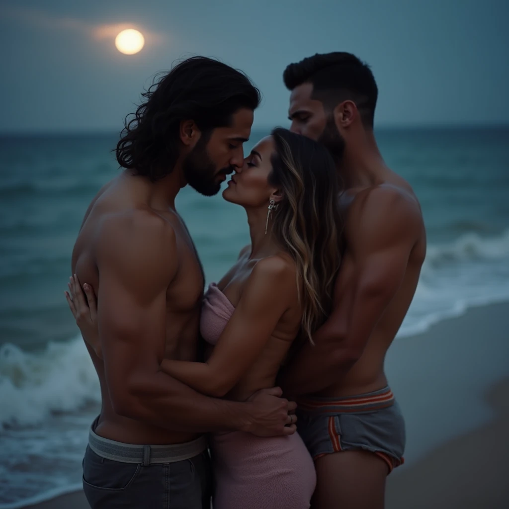 couple, handsome man, beautiful woman, perfect body, ebony skin, light African skin, curly hair, hugging, romantic mood, bikini, shirtless, beach background, blue sky, work of art, looking at each other