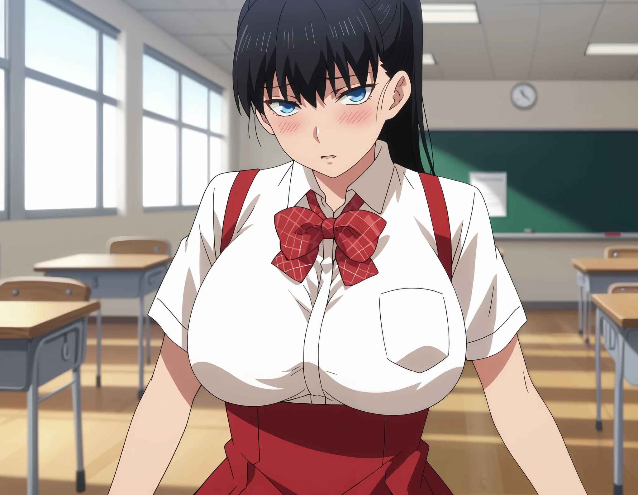 score_7_up, anime screencap, 1girl, solo, parted lips, blush, ponytail, long hair, black hair, blue eyes, ToudouAkira, collared shirt, shy look, looking at viewer, white shirt, plaid bowtie, large breasts, short sleeves, suspenders, suspender skirt, high-waist skirt, red skirt, thigh gap, standing, breast, focus breast, cowboy shot, upper body, close up, pov, classroom, blackboard, chair, indoors, blurry background