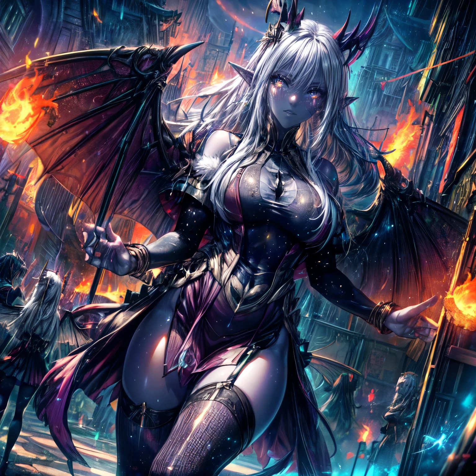 Dragon girl, silver goddess in flame-red pleated skinny cloth with golden lines accents, long sleeves, fireball, satin, fur, (stockings), decollete, natural breasts, slim body, white blue and black dress details ((rune lines on skin)), zettai ryouiki, medium length hair with golden red strands, beautiful detailed bright fire eyes, portrait, most realistic, highest quality, best quality, Detailed,Realistic, 4k highly detailed digital art, octane render, bioluminescent, (cool_color), best pixels, 8k ultra, cute monkey ears, big dragon tail, Fullbody, feet, standind up, foot, silver goddess in flame-red pleated skinny cloth with golden lines accents, long sleeves, fireball, satin, fur, (stockings), decollete, natural breasts, slim body, big weapons, ((rune lines on skin)), zettai ryouiki, medium length hair with golden red strands, beautiful detailed bright blue fire eyes, big pointy ears, long white hair, portrait, most realistic, chinese dress, highest quality, best quality, Detailed,Realistic, 4k highly detailed digital art, octane render, bioluminescent, (cool_color), best pixels, 8k ultra, Fullbody, reference sheet, feet, standing up, Masterpiece, mage, magic power, detailed anime poster, ((( four wings))), 1girl,solo elf pointy ears,huge breasts, ghost costume , (hitodama) ,night, tombstone, graveyard,,, long sleeves, very long sleeves, , ghost, pale skin,, off shoulder, cleavage, no bra, (((extremely long white hair))), leotard, bare legs, shredded tattered clothes, curvy wide hips, massive breasts, chubby thighs, (((beautiful rainbow colors anime eyes))), japanese temple,