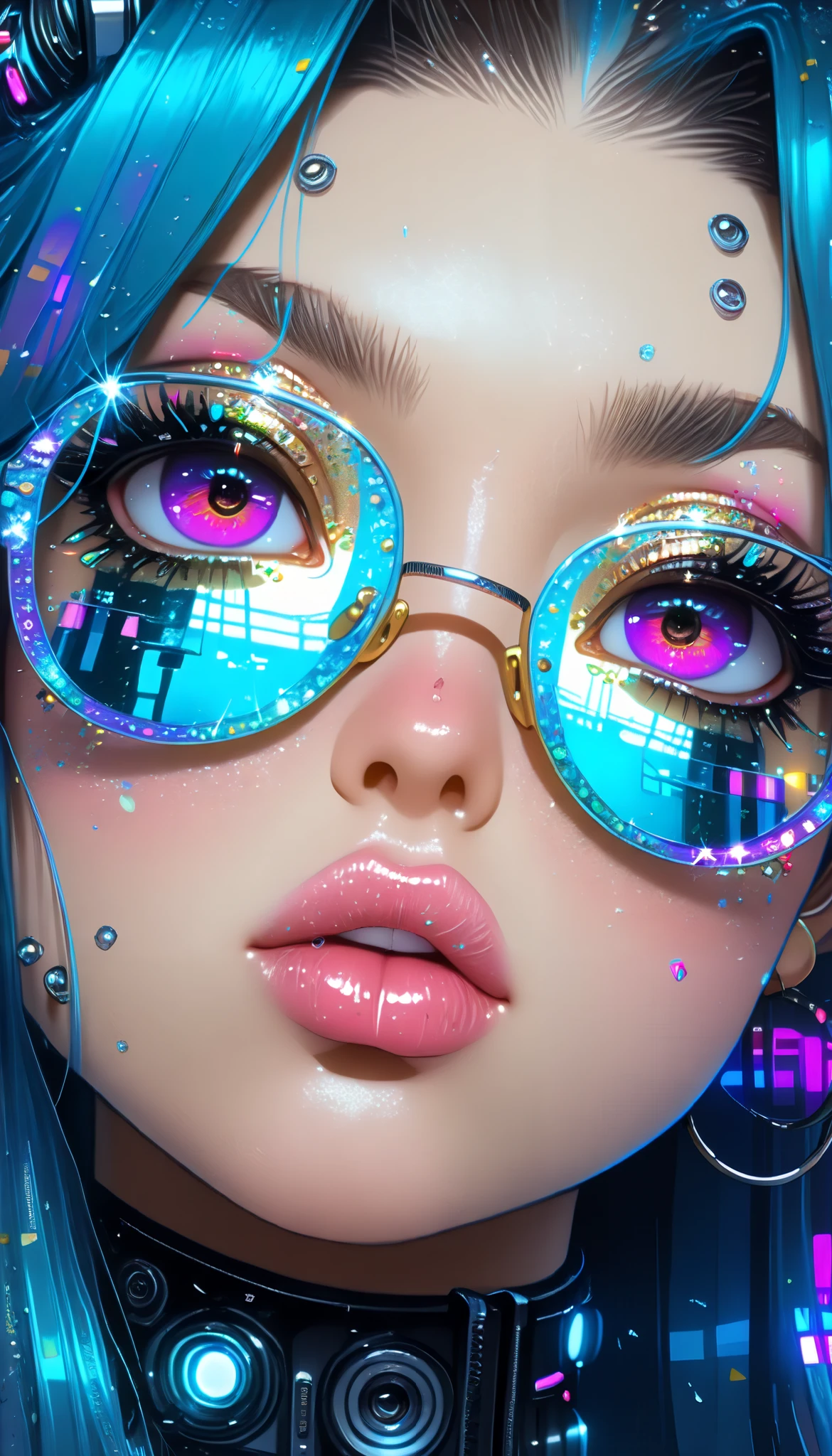 ((centered image, a close up of a beautiful woman with exaggerated features caricaturized in the kawaii style :1.52, thick and plump lips with kissable glitter , large with glitter and reflections , false eyelashes and long eyes :1.5 , Beautiful face of a cyberpunk girl , great digital art with details, Wear glasses you can see the reflection in the glasses of the glasses :1.5)), digital art. Masterpiece body , Detailed woman, full lips in the style of Angelina Jolie , long false eyelashes , eye makeup blushed lips and cheeks , wears earrings all over her ear like piercings and has a hoop embedded in the ovum of her ear, a piercing on her lips and nose , , Brandon Woelfel, tattooed face, tattoos and piercings, realistic digital art 4k, realistic digital art 4 k, tattoo style, cyberpunk art style, Girl with glasses , Chiaroscuro, cinematographic lighting , optical illusion , high definition , U high definition , Retina, body Masterpiece body , Precise, Anatomically Correct , Textured skin , super detail , tall details, high quality, awarded , falda de high quality, highres, 1080P, high definition , 16K