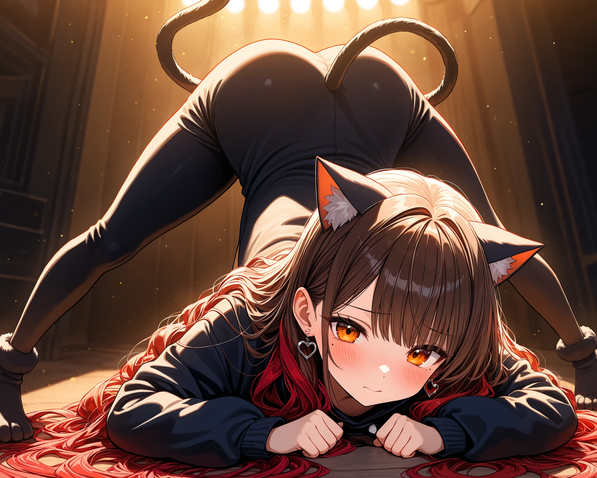 very cute face, cute girl, solo, long hair, wavy hair, ((brown hair with red ends)), Mole under the left eye, orange eyes, flat breasts, cat girl costume, heart Pierced earrings, blush, jack o challenge, flawless smooth skin, looking at viewer, particles, fractal, (best quality,4k,8k,highres,masterpiece:1.2),ultra-detailed,intricate details, high fashion, dramatic lighting, warm colors, chiaroscuro