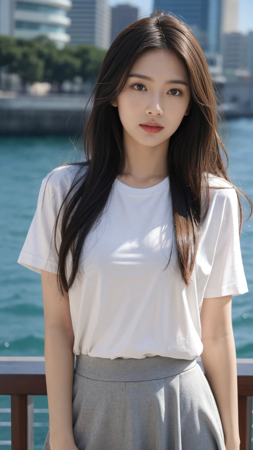 A perfect young female,Chinese,(masterpiece:1.3), (8k, photorealistic, RAW photo, best quality: 1.4), gravure photography, (sunset need, 8K, master piece:1.3)), ((beautiful 1 woman)) , slim abs:1.1, (( brown wavy hair, Big cities:1.2 )), ,( yellow oversize t-shirt ), posing, towards the camera:1.2,), ((Ocean,:1.3)), Highly detailed face and skin texture, detailed eye, double eyelid