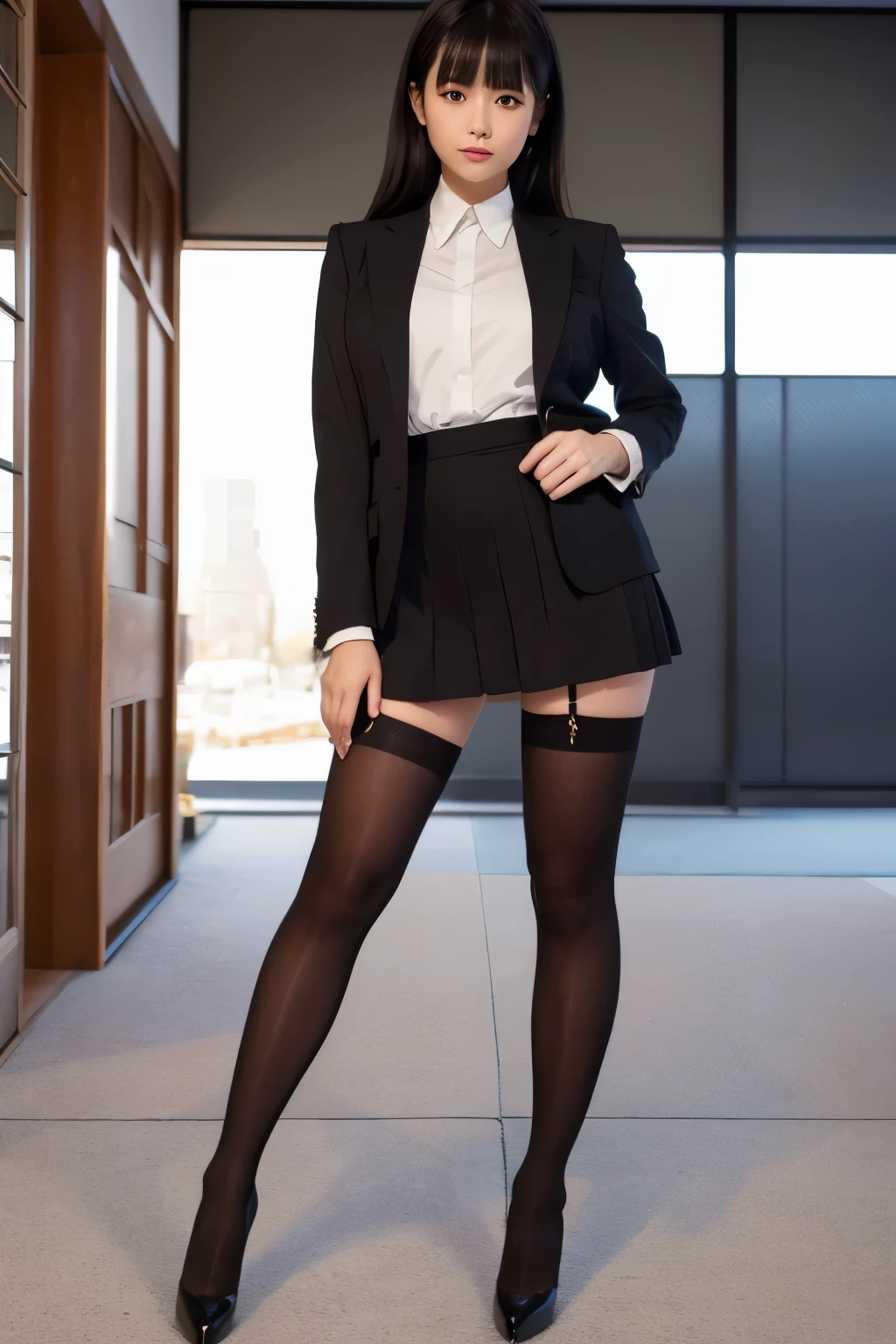 (((Dressing:1.8))), ((Dress up reliably:1.8)), (((pantie shot:1.8))), (((Show the camera everything about your panties:1.5))), ((Lifted skirt:1.8)), (((Black business suit:1.8, White blouse with collar:1.5, pencil skirts:1.5, Panties with a small area:1.5))), ((s Office:1.8)), Smiling smile:1.8, 1girl in, 独奏, 18year old, 7headed body, Ideal ratio body proportions, erectile nipple, short-hair, A dark-haired, With bangs, small tits, A slender, Small buttocks, beauty legs, Skinny Legs, surrealism, Cinematic lighting, depth of fields, One-person viewpoint, F/1.8, 135 mm, nffsw, masutepiece, ccurate, ((Anatomically correct:1.3)), Textured skin, Super Detail, high details, High quality, awardwinning, Best Quality, hight resolution, 8K