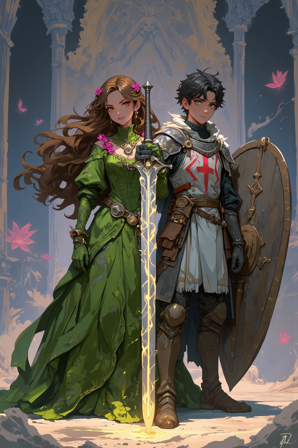 young knight and girl witch, In the woods, face fixed, green eyes, smiling, god, Ultra-high detail, long red hair, disheveled hairstyle, raspberry branches sticking out in my hair, Gwen Tennyson, tracer, don&#39;t be, Rebecca Chambers, ((five fingers on hand)) , Stockings, Wellingtons, Knight's Armor