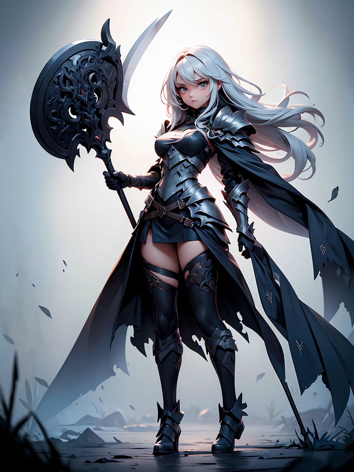 (extremely detailed young nu-gothic woman with ash-pale skin:1.30), (beautiful yellow eyes:1.19), elf ears, (neck-long silver hair in flowing silvery Tousled Lob hairstyle:1.12), (evil smile:1.1), (extremely detailed luscious lips:1.15), solo, (Seraphs Necropolis in background:1.22), [wearing a nu-goth dark fantasy silk and lace dress], (full set of legendary lameller armor engraved with ancient symbols:1.36), (regal gold silk shoulder pads:1.3), (wielding a jagged war scythe:1.25), bloody, low hanging mist, cowboy shot, (de-saturated with nu-gothic infusions:1.223), (low contrast:1.16), (digital art:1.20), (nu-gothic art:1.31), (Dark Fantasy Infusion:1.18), (digital illustration:1.25), (anime:1.20), moody lighting,  volumetric lighting, [dark mode], (masterpiece:1.35), (best quality:1.35), (highres:1.35), 8k, 2.5d, octane render