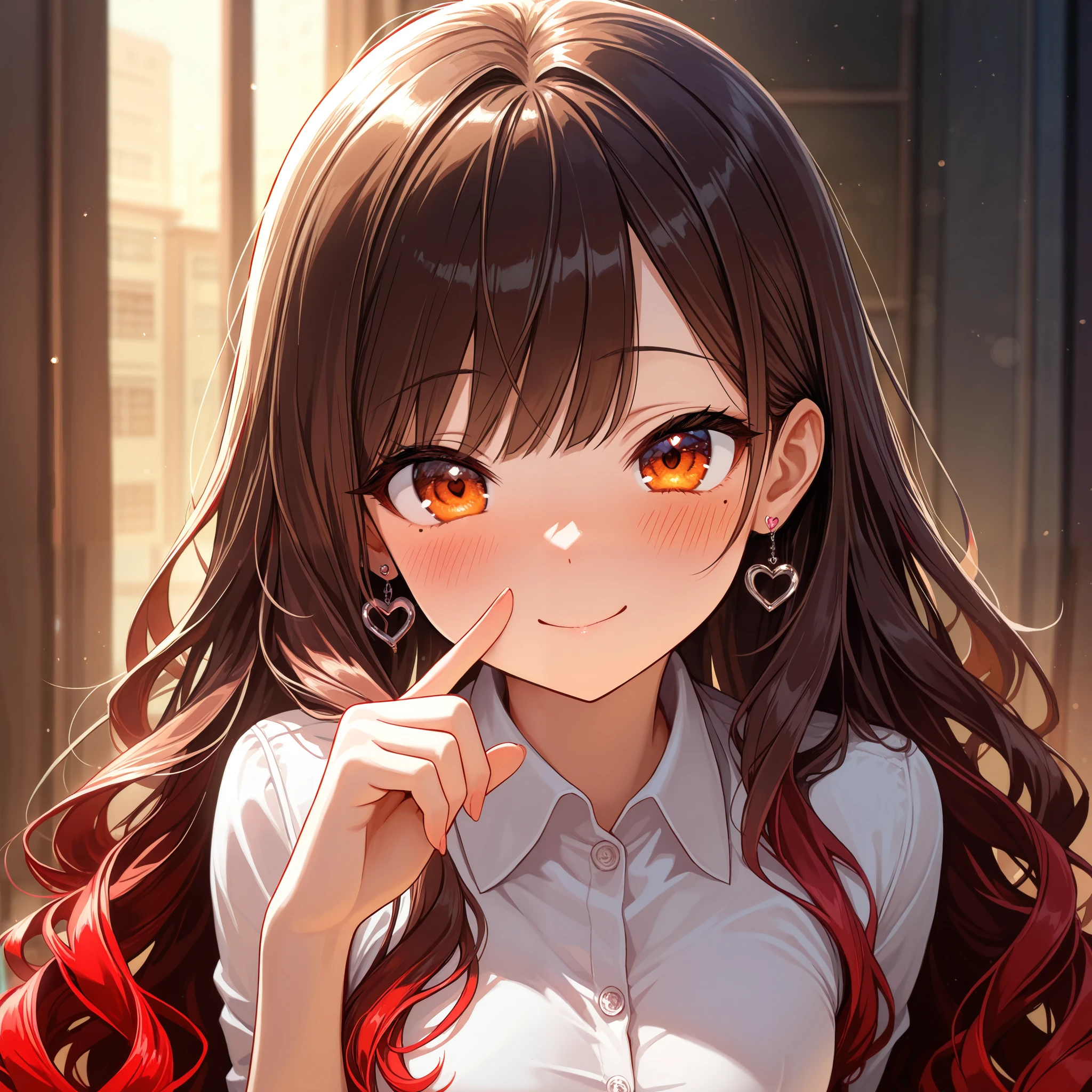 Portrait, forward, Bewitching expression, enchanting smile, finger to mouse, very cute face, cute girl, solo, long hair, wavy hair, ((brown hair with red ends)), Mole under the left eye, orange eyes, flat breasts, taut collared shirt, heart Pierced earrings, blush, flawless smooth skin, looking at viewer, particles, fractal, (best quality,4k,8k,highres,masterpiece:1.2),ultra-detailed,intricate details, high fashion, dramatic lighting, warm colors, chiaroscuro