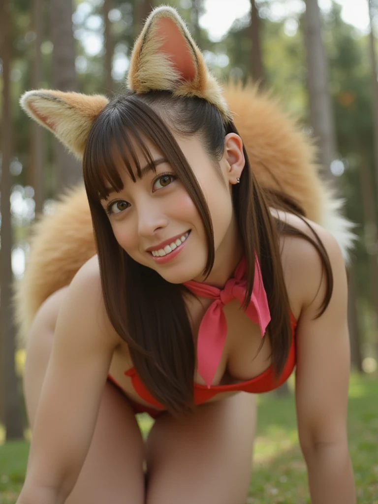 ((Highest quality, 8k)), ((masterpiece)), (Highest Resolution), Perfect Face, fox-eared woman, Female college student, Beautiful woman, Shooting in the forest, Only one tail, she has thick thighs, Her big fox tail, Her brown fox tail, She wags her tail, smile, Collar on Leash, She is wearing a bikini, Plump Breasts, Beautiful Hips , Her fox tail sticks out, On all fours
