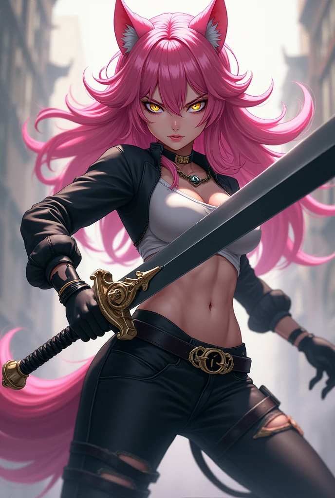 (Musculoso) (cabelo espinhado) (with a sword in her hand) (cara de mal) (forte) (fazendo pose)
