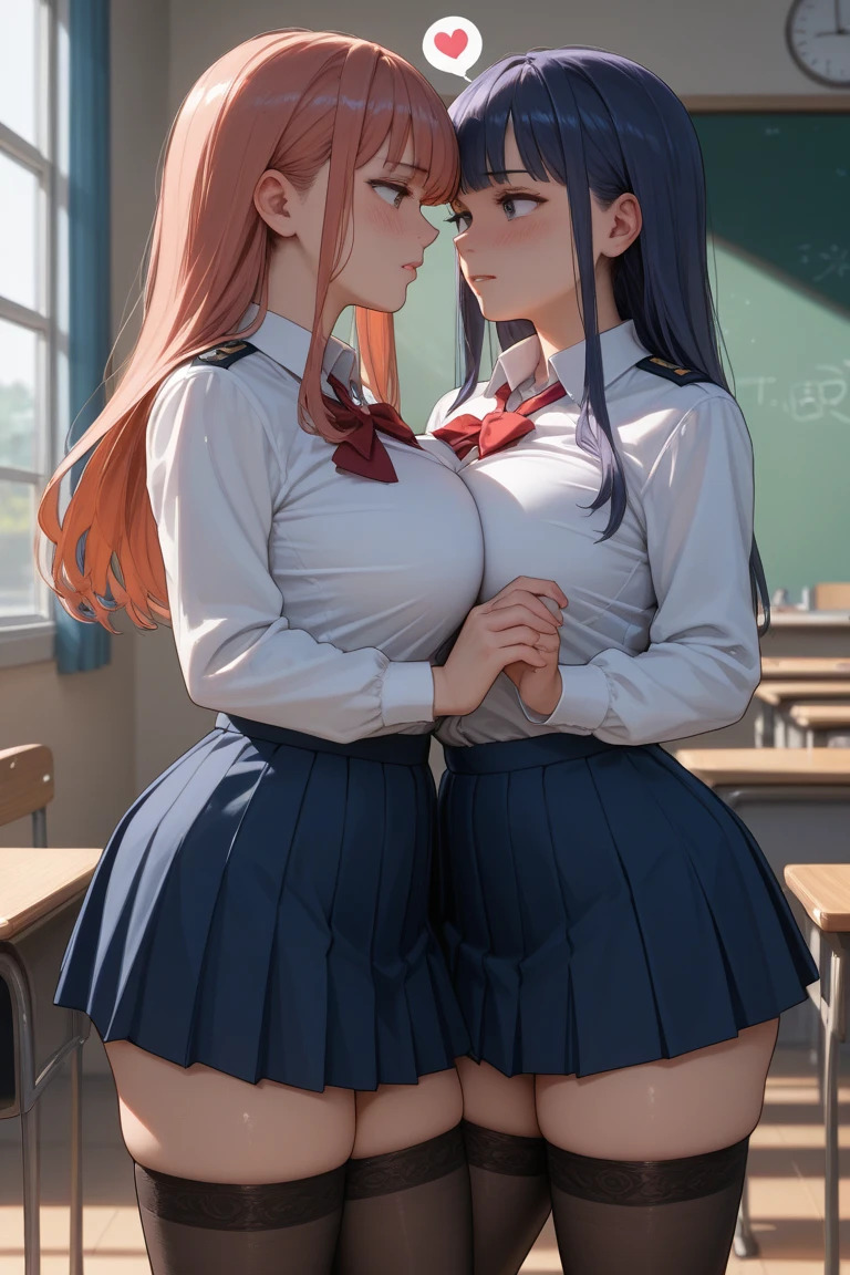 2 Anime Girls with Pink Hair school uniform bent over can see their naked massive arses and massive boobs one girl touching other girls fingering her