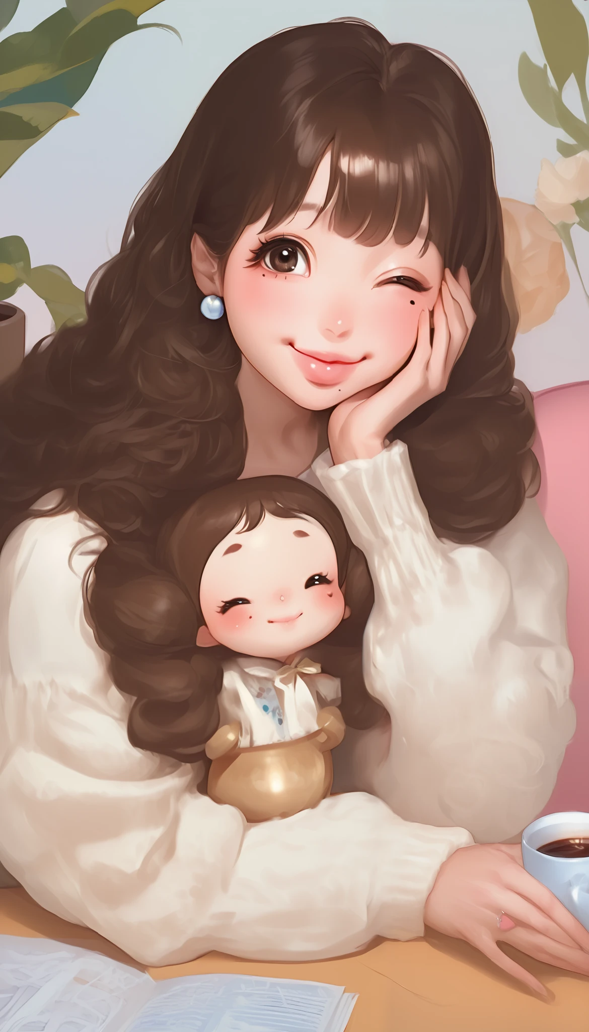 flat large general full body , centered image:1.4, There's a girl sitting at a desk with a cup of coffee in her hand, pretty girl-thin face , beautiful natural anime face , with a pretty face - well - , sakimi-chan, chiho, Yoshitomo Nara, young cute face, beautiful Japanese girls young face , brown hair and big eyes , a pretty girl , big beautiful eyes of light , thick, shiny lips , A mole on the side of her mouth , a heart tattoo on her cheek , winking, beautiful and subtle smile