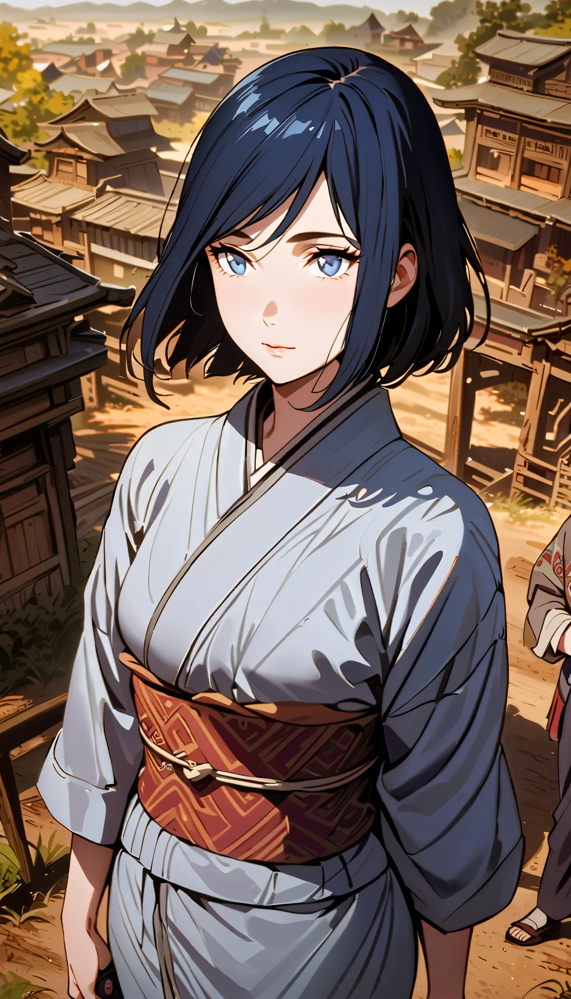 vintage movie, girl, short hair, navy hair, straight hair, woman body, soft gray kimono, traditional kimono, dutch angle, hyuga clan, shinobi village, konohagakure, ((closed mouth)), smilling, ((perfect eyes))