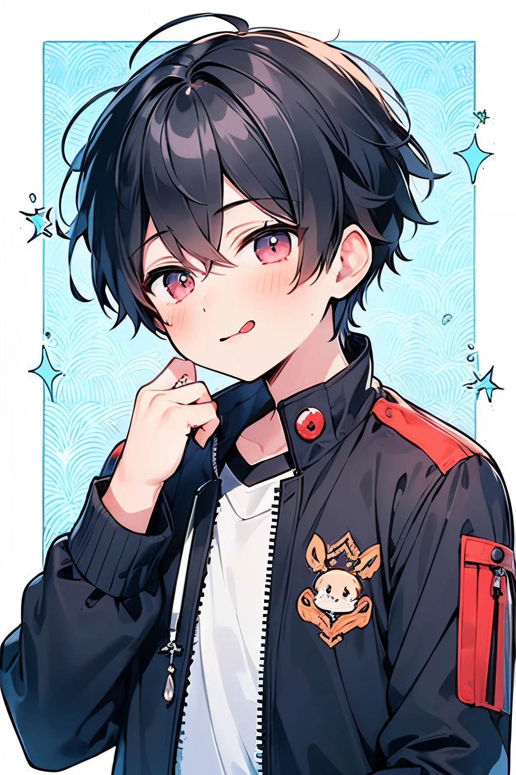 ((1-boy :1.5)),(( adult male:1.0)),black hair,(very short hair:1.0),braid hair,(odd-eyes:0.85),((Kirakira eyes :1.0)),(looking viewer:0.8),(looking up:0.5),((kawaii)),(crouching:0.5),((dodge pattern background:0.85)),((hand to own jaw:1.2)),(thinking about:0.8),(stick out your tongue when you smile:1.0),(portrait:0.8),((long sleeve boa jacket:1.0)),