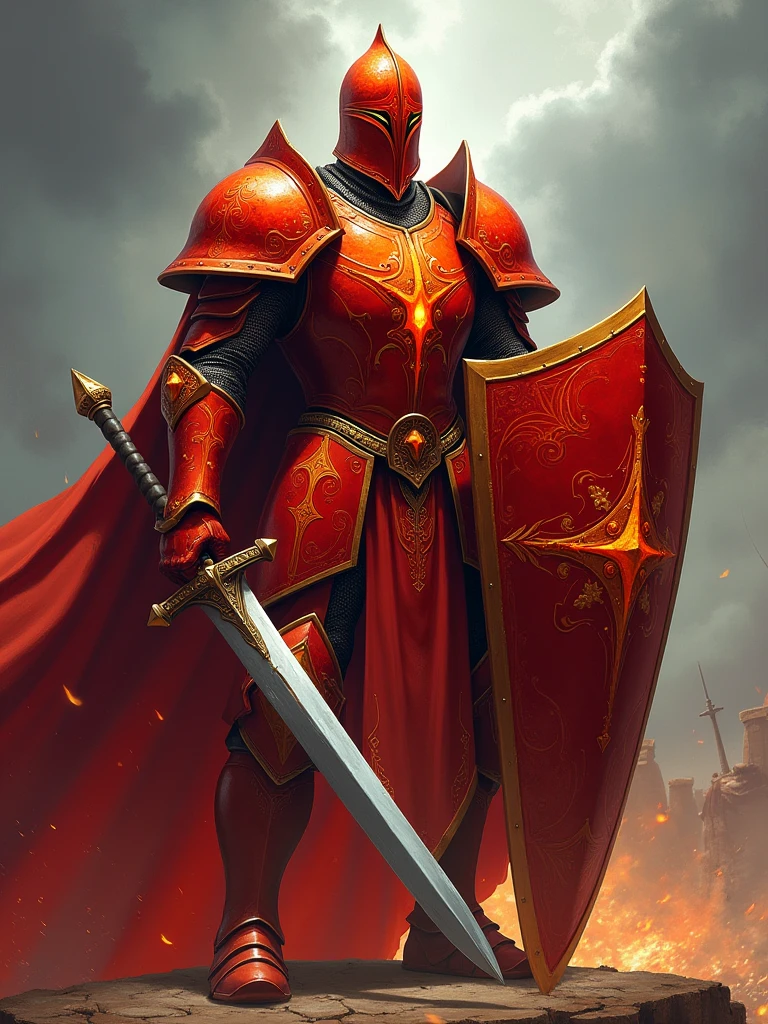 Realistic, Realistic, (Masterpiece: 1.5), Concept Art, Intricate Details, Highly Detailed, Photorealistic, Octane Rendering, 8k, Unreal Engine, Dynamic Pose, Best Quality, High Resolution, (Super Realistic: 1.1), ((perfect hand))), (very detailed background), ((dynamic background)), 1man, knight, gothic cathedral, torch lit, ((dramatic lighting)), gothic armor, (( (red painted armor))), Ornate Armor, Gothic Details, Black Details, Detail Armor, Crusader Style Helmet, Cross Eyelets, Closed Visor, Holding Long Sword, Facing Camera, Walking To Camera, Firm behavior, whole body